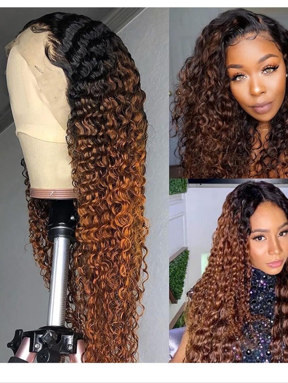 Qdomeiai 26" OmbrΓ© Brown Deep Wave curly 13x4 Lace Front 100% Human Hair Wig NEW